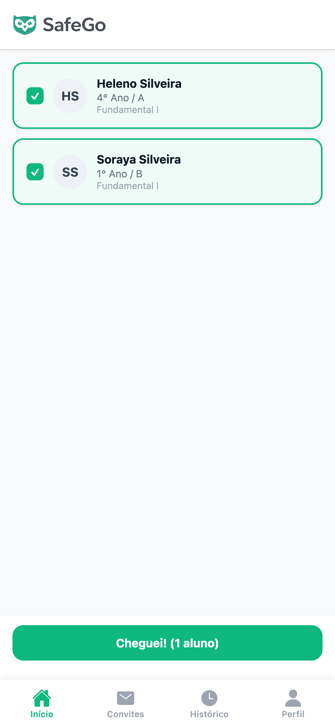 Tela do app SafeGo mostrando o botão Cheguei pra retirada do aluno